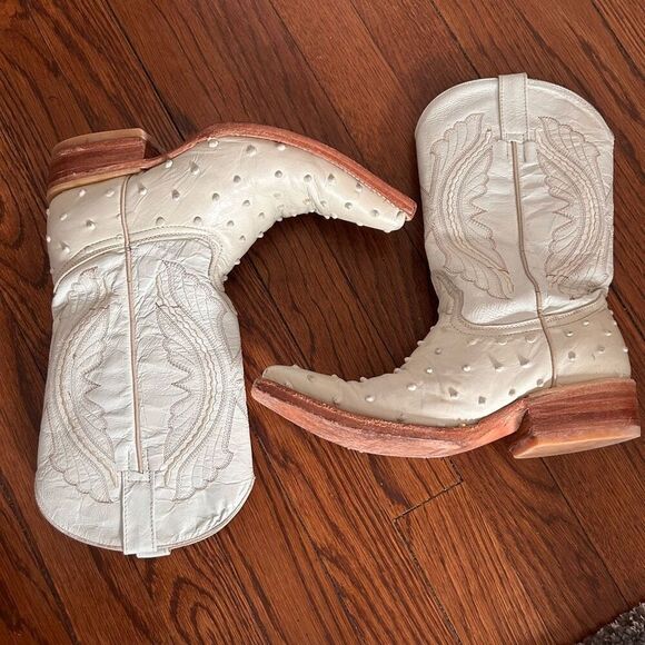 Girls Cowgirl Boots & Belt Set Leather White Ostrich Print Handmade in Mexico - Picture 6 of 16